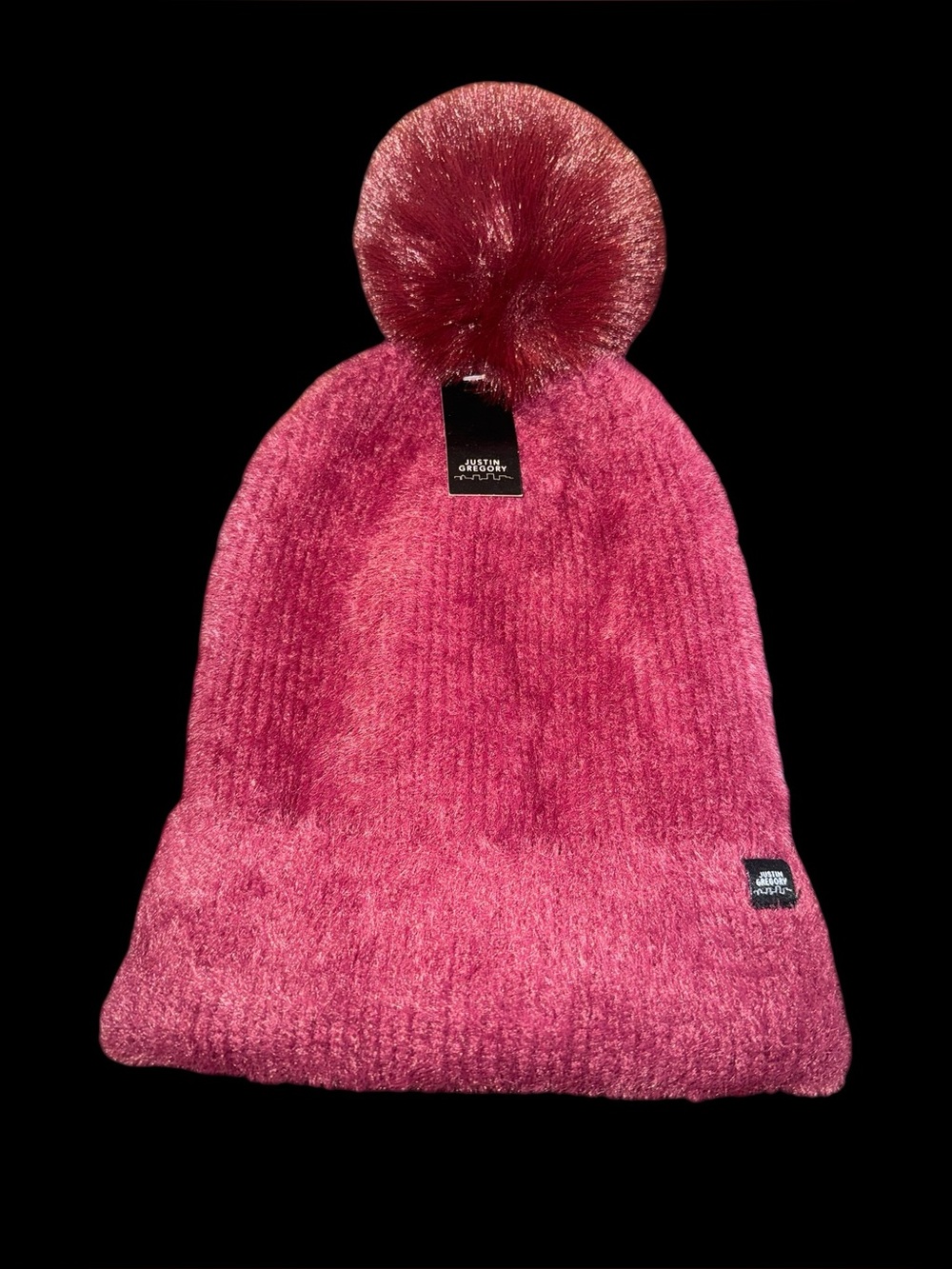 Justin Gregory Fuzzy Beanie Hat Faux Fur Pom Pom Nylon One Size NWT burgundy
